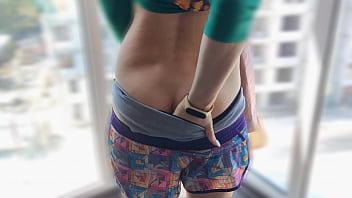 Hairy teens 18 loveing risky in front of window opposite the new building 4k. My sexy stripping in front of window, just showing my cute milky tits